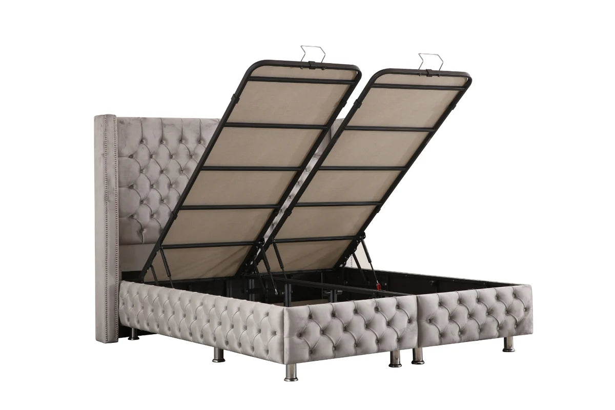 Lit Coffre CLOUTE Velours Gris